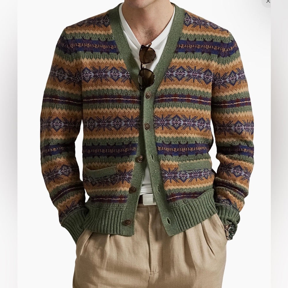 Fair Isle Cotton Blend Cardigan, Men, Size L - Picture 3 of 13